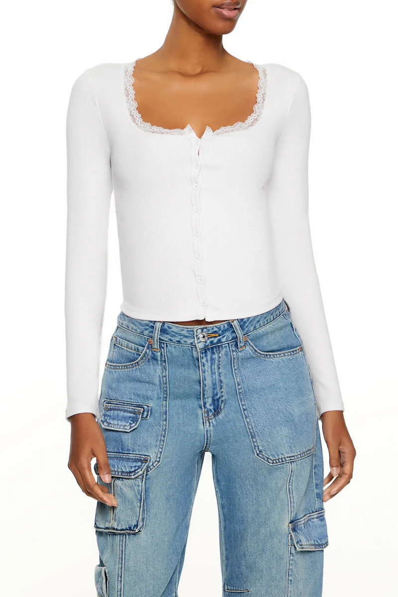 Ribbed Lace-Trim Top