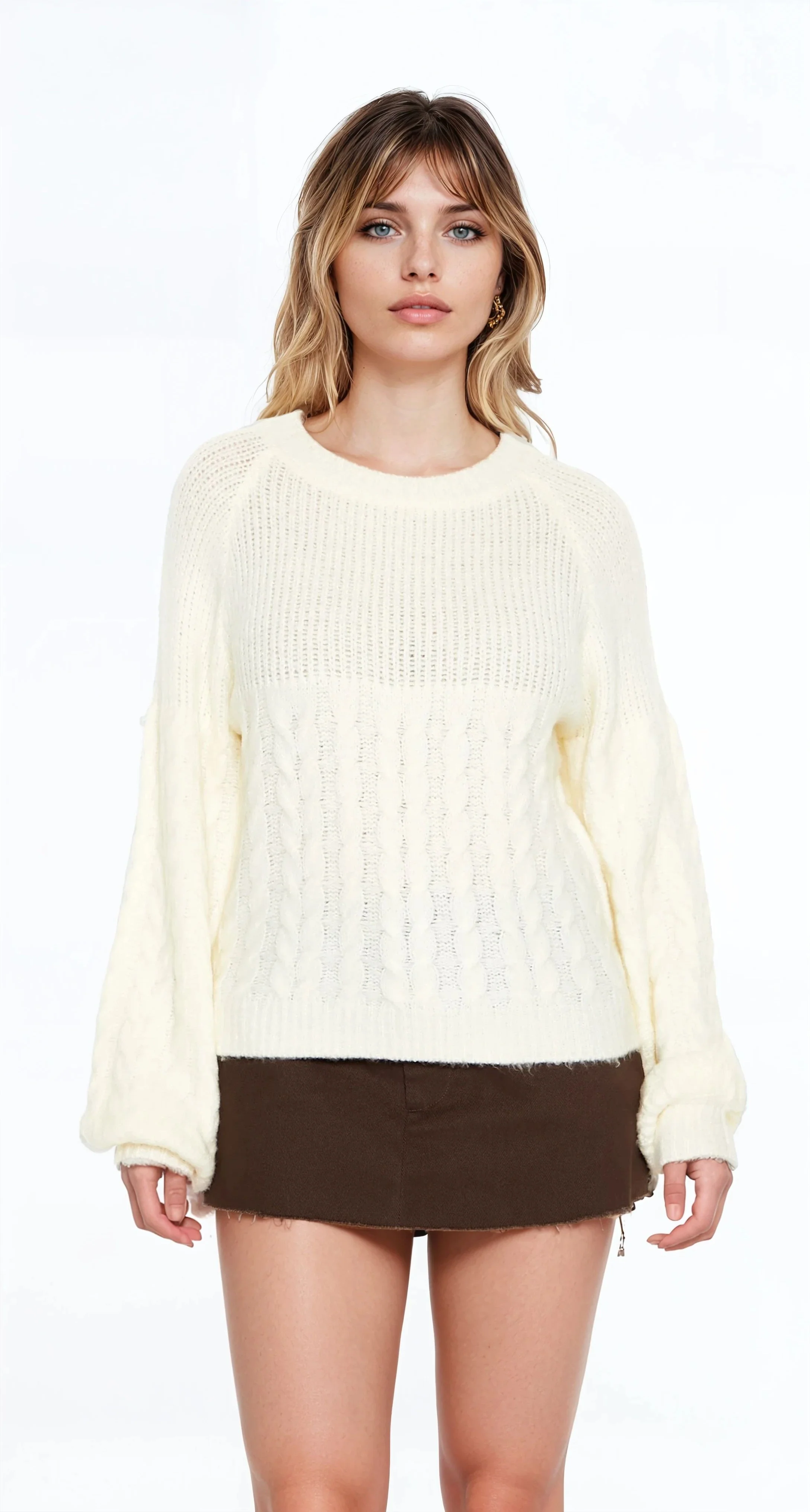 Peasant-Sleeve Cable Knit Sweater