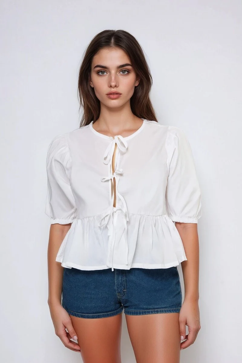 Poplin Tie-Front Peplum Top