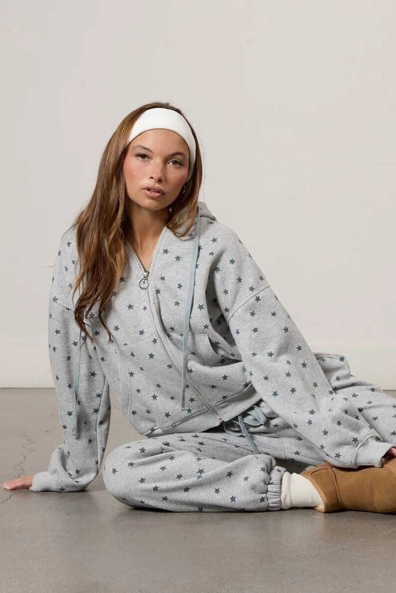 Star Print Zip-Front Hoodie