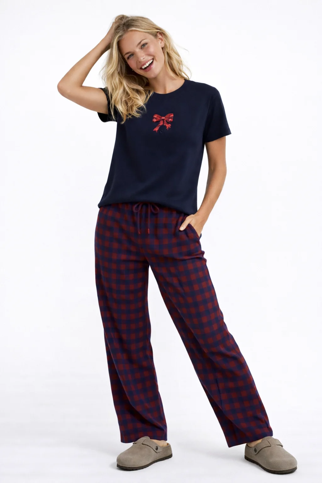 Bow Tee & Plaid Pants Pajama Set