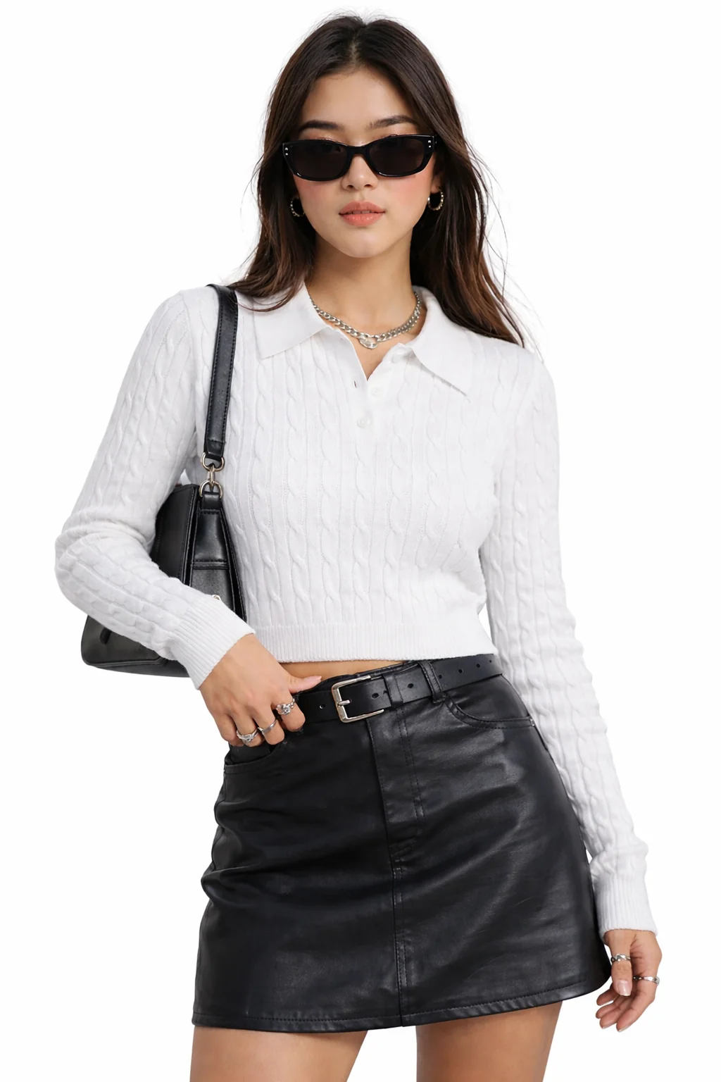 Cable Knit Cropped Polo Sweater