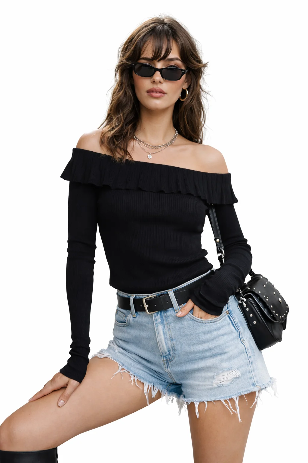 Ruffle Off-the-Shoulder Ribbed Sweater