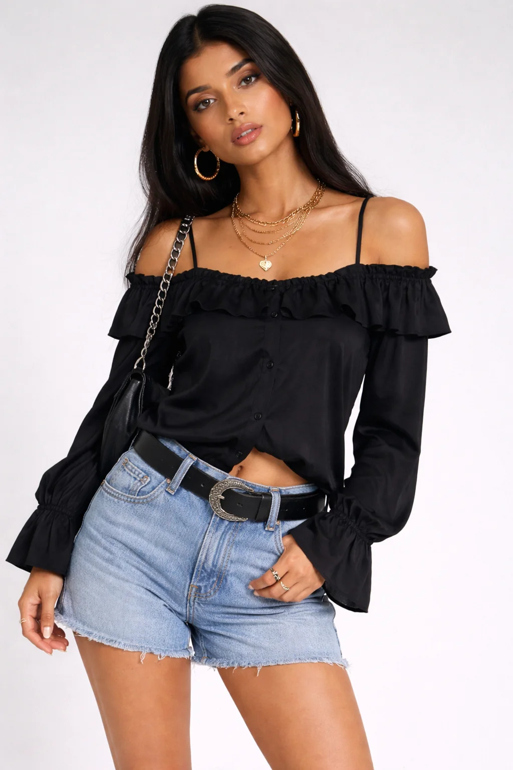 Ruffle Off-the-Shoulder Button-Front Blouse