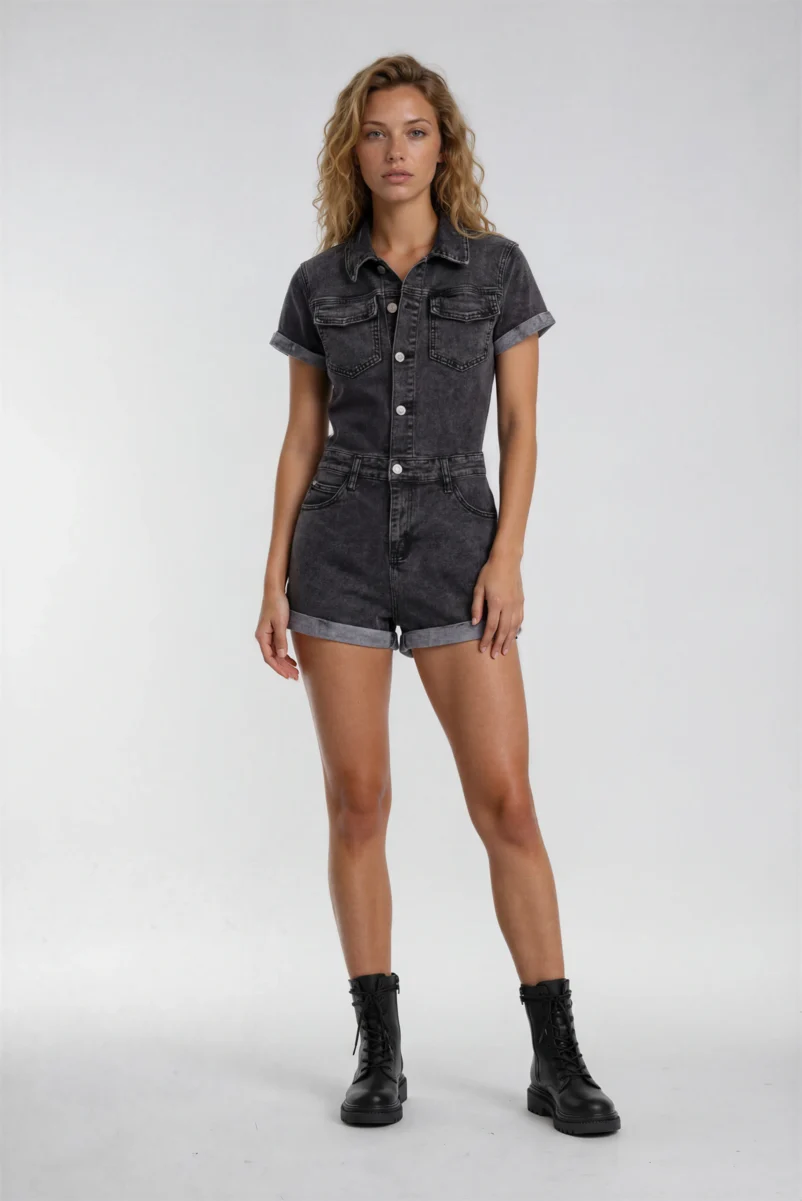 Short Sleeve Button Front Denim Romper