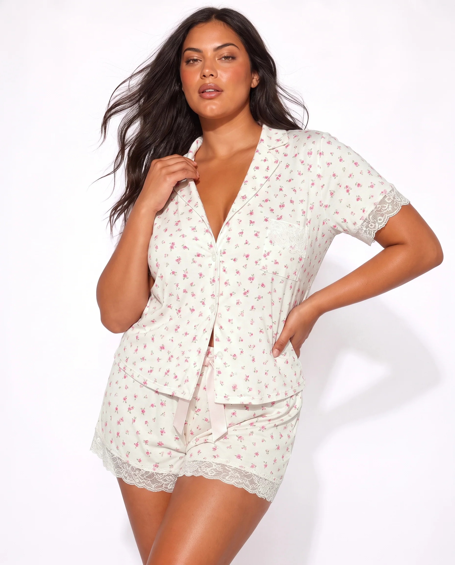 Plus Lace Trim Short Pajama Set