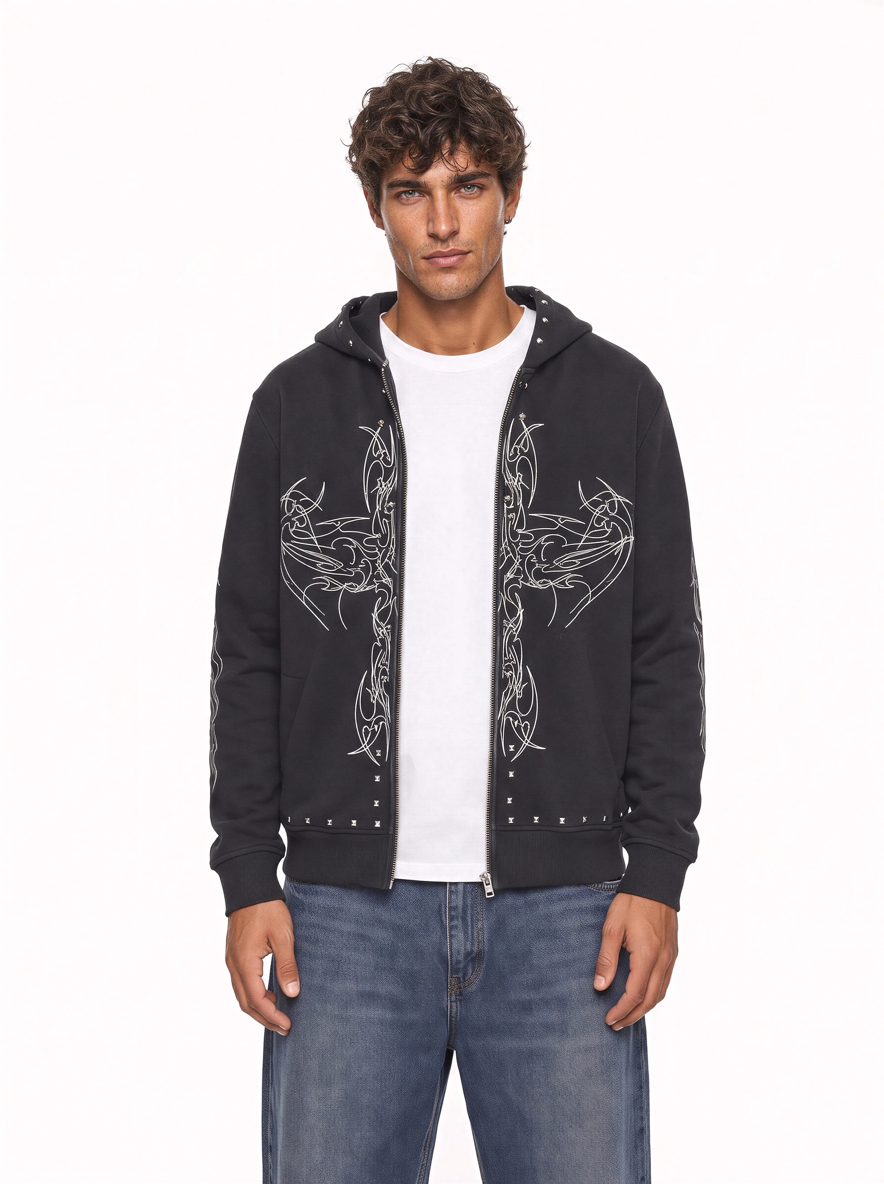 Graphic Full-Zip Hoodie With Studs