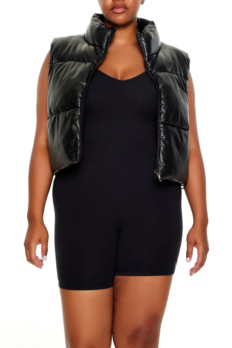 Plus Size Faux Leather Puffer Vest