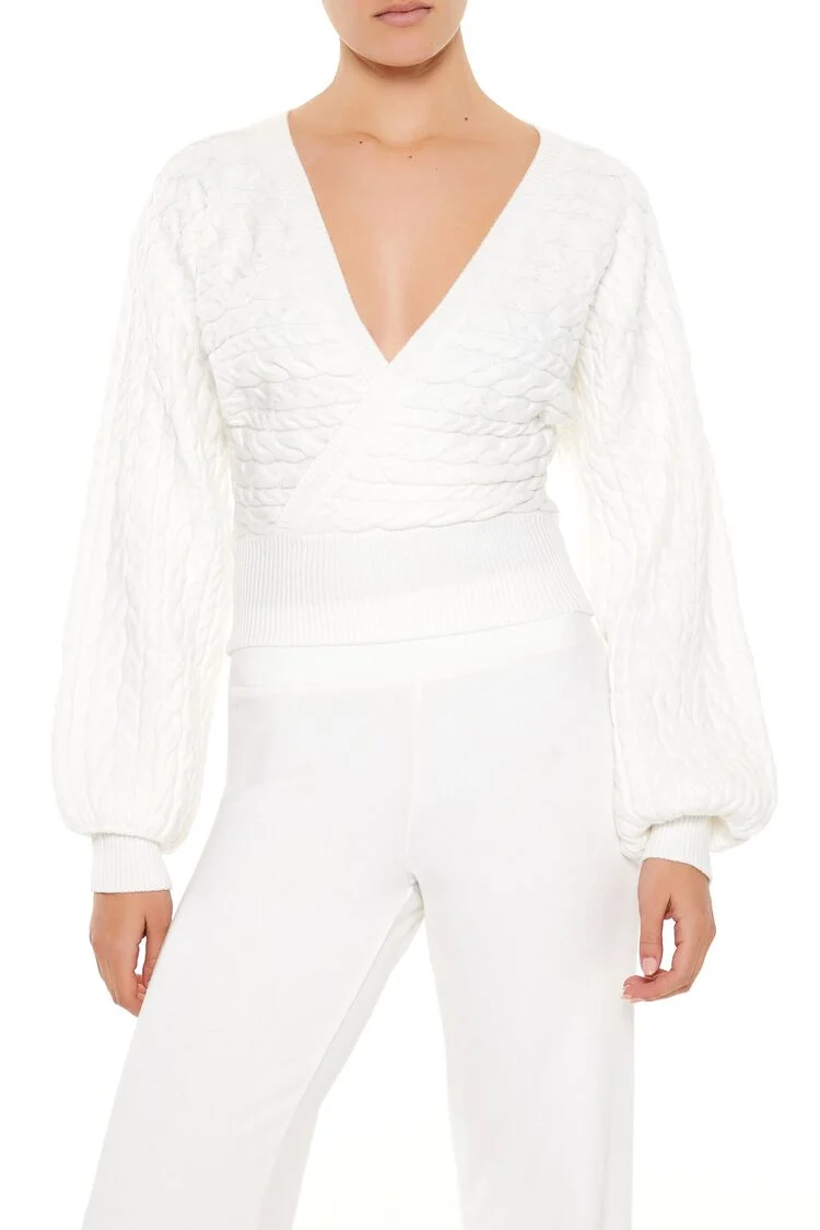 Peasant-Sleeve Cable Knit Sweater