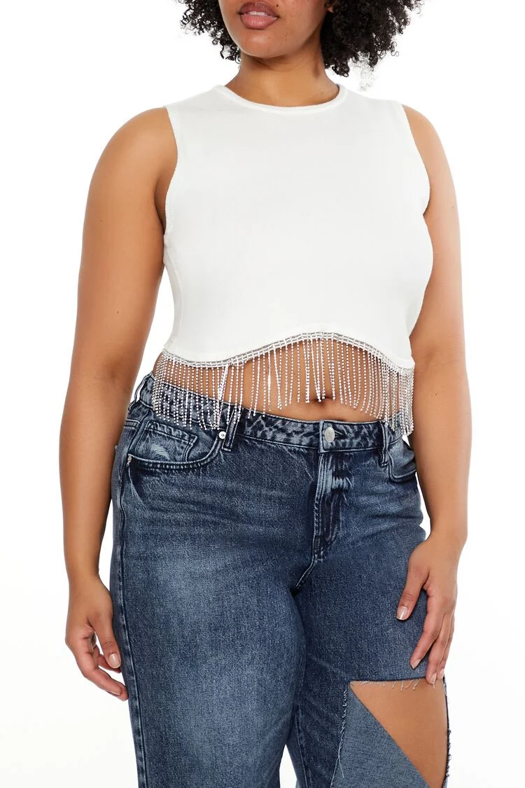 Plus Size Sweater-Knit Rhinestone Crop Top