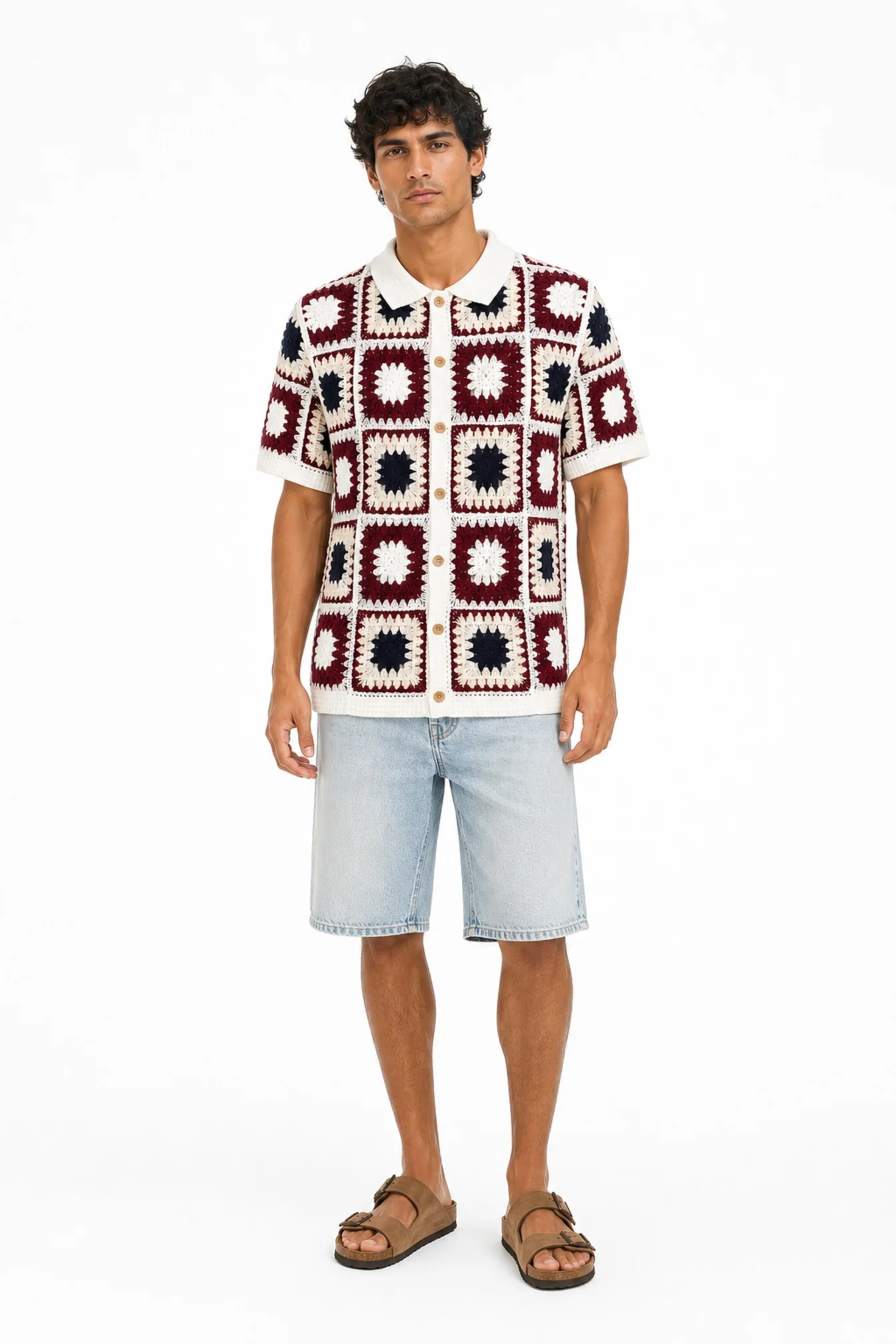 Crochet Short Sleeve Button Down Shirt